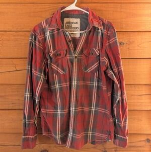American Eagle Outfitters Men's Red and Gray Plaid Shirt